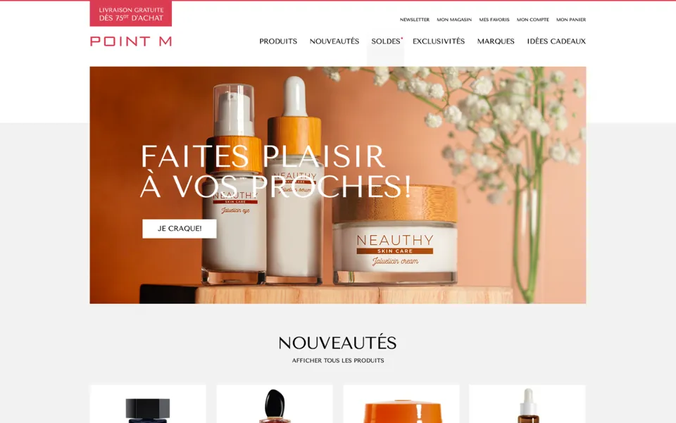 Exemple : la boutique Shopify de la parfumerie Point M, réalisée par Webomane.