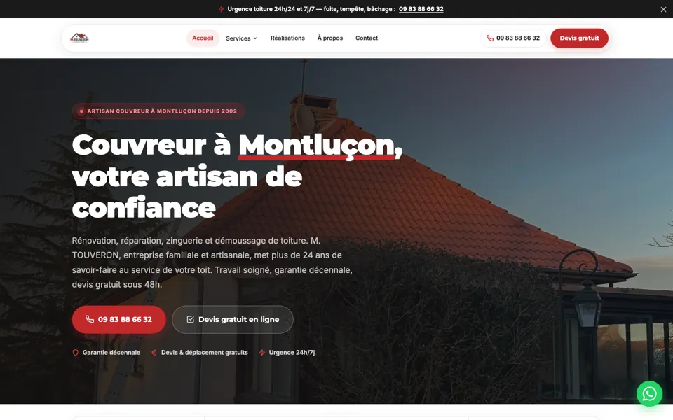 Exemple : le site d'un couvreur à Montluçon, réalisé par Webomane. Le téléphone et le devis sont visibles tout de suite.