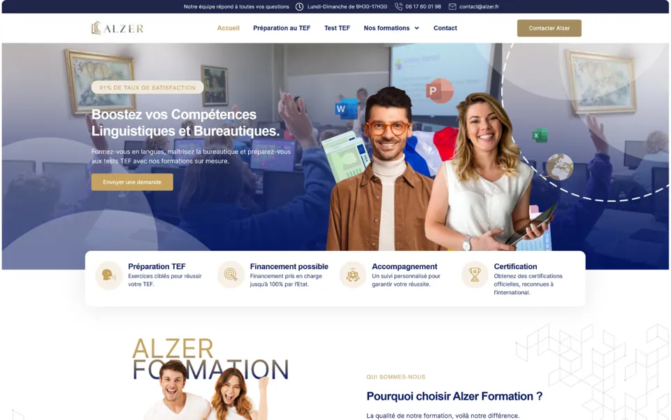 Exemple : le site conforme Qualiopi d'Alzer Formation, réalisé par Webomane.